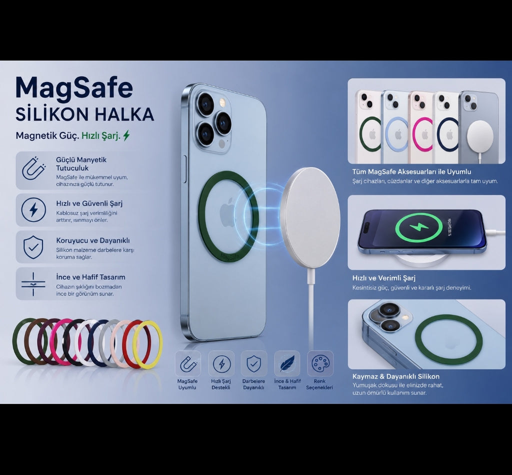 ( 5 adet ) Magsafe Özellikli Yapışkanlı Silikon Halka Magnet - Kablosuz Şarj Uyumlu Mıknatıslı Ring