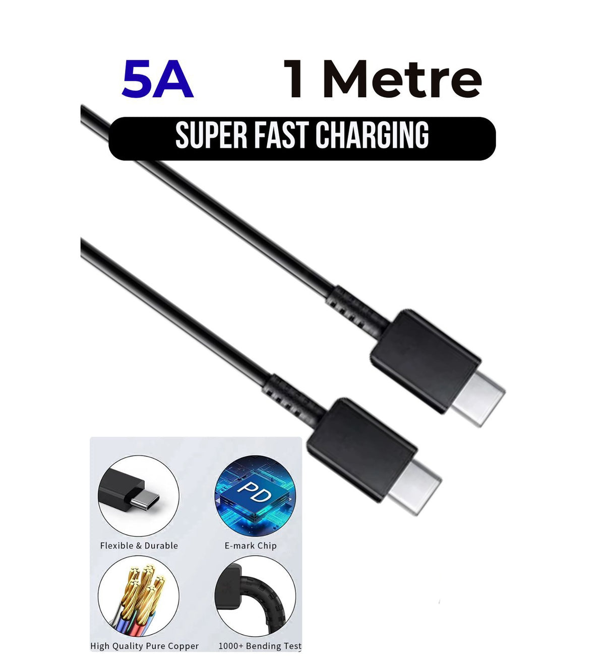 ( 5 adet ) Samsung Uyumlu USB-C to USB-C 5A Süper Hızlı Şarj ve Data Kablosu (1m) - Siyah ÖZEL