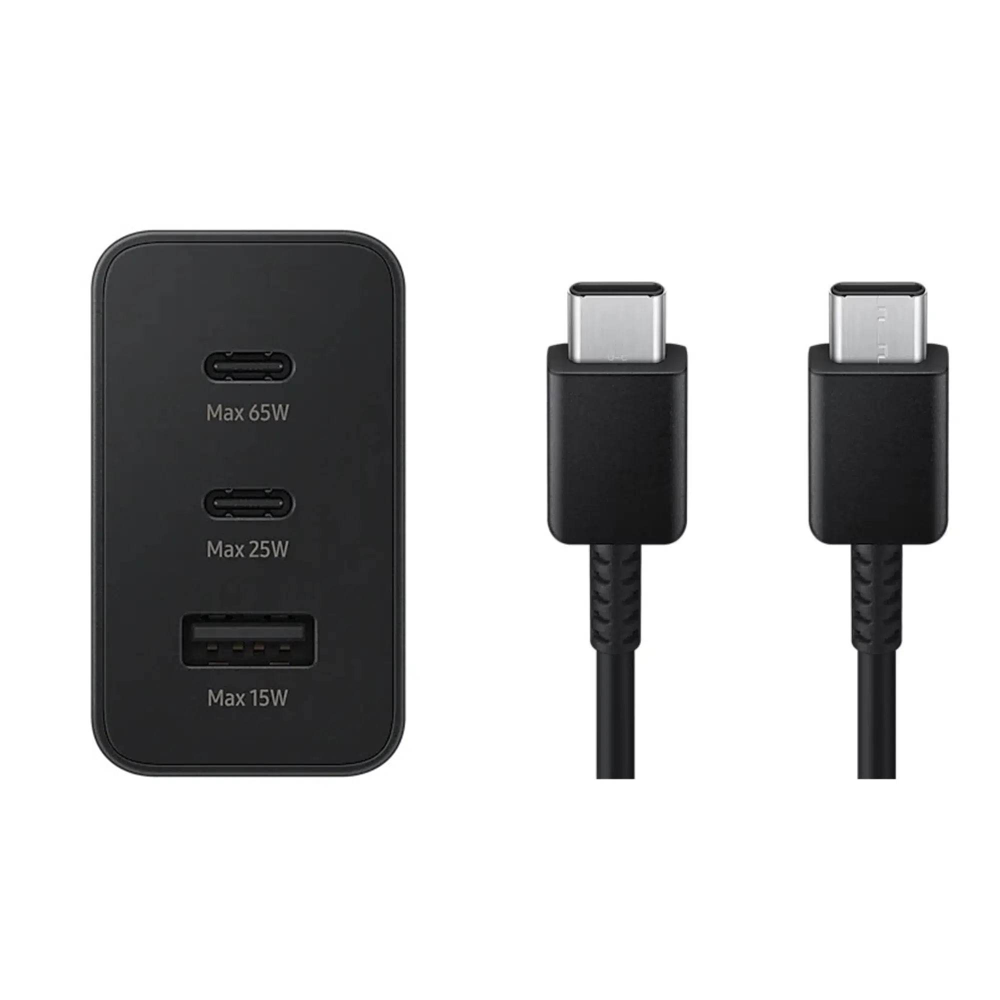 Logosuz 65w trio 3ü1 arada (typec 65w + typec 25w + usb 15w) çıkışlı adaptör ve typec to typec kablo hızlı şarj seti - S1Z - KolayMagza