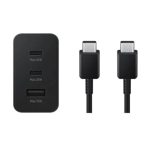 مجموعة شاحن سريع (65 واط ثلاثي - مخرج 3 في 1: 65 واط Type-C + 25 واط Type-C + 15 واط USB) وكابل Type-C إلى Type-C