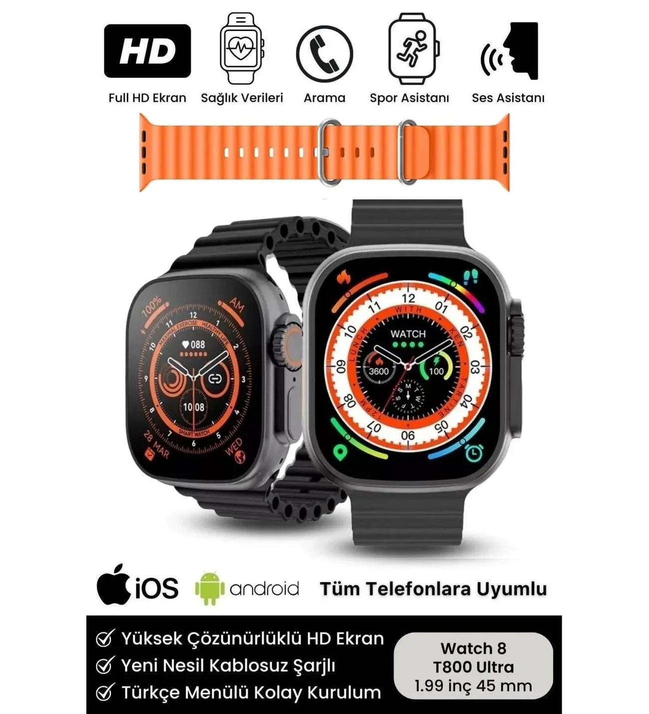 T800 ultra 49mm 1,99” ekranlı akıllı saat – çift kordon, ios & android uyumlu