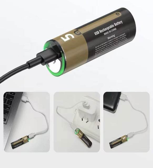 (İNCE boyut) USB Type-C Şarjlı AA Pil 1.5V | 1000+ Kez Şarj Edilebilir Lityum Pil | Kalem Pil - G6Y - KolayMagza